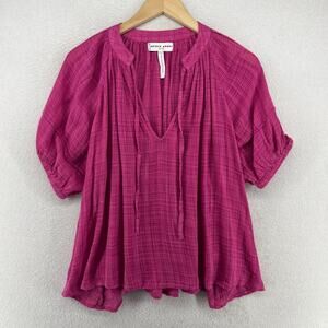 APIECE APART Top M Organic Cotton Blend Crinkle Gauze Tie Neck Blouse Pink